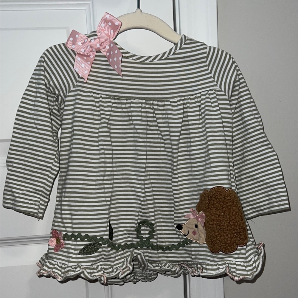 Good Lad Green and White Striped Baby Dress with Fuzzy Hedgehog, Bow, and Flower